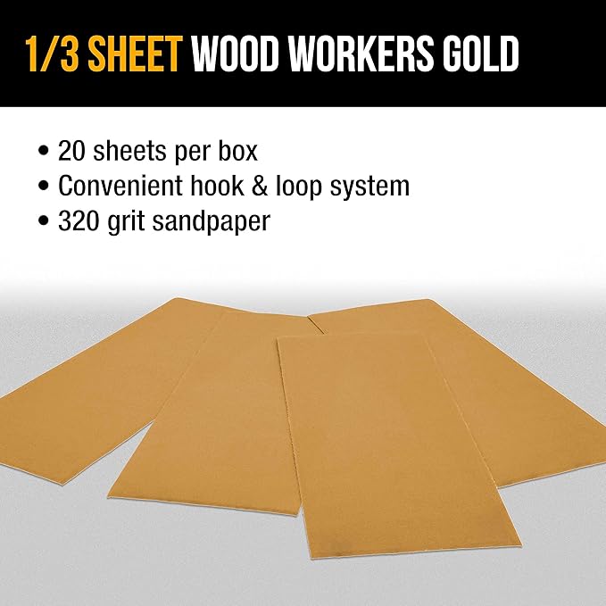 Dura-Gold Premium 1/3 Sheet Gold Sandpaper Sheets, 320 Grit (Box of 20) - 3-2/3" x 9" Size Hook & Loop Backing, Wood Furniture Woodworking, Auto Paint - Jitterbug Sanders, Clip-On, Hand Sanding Blocks