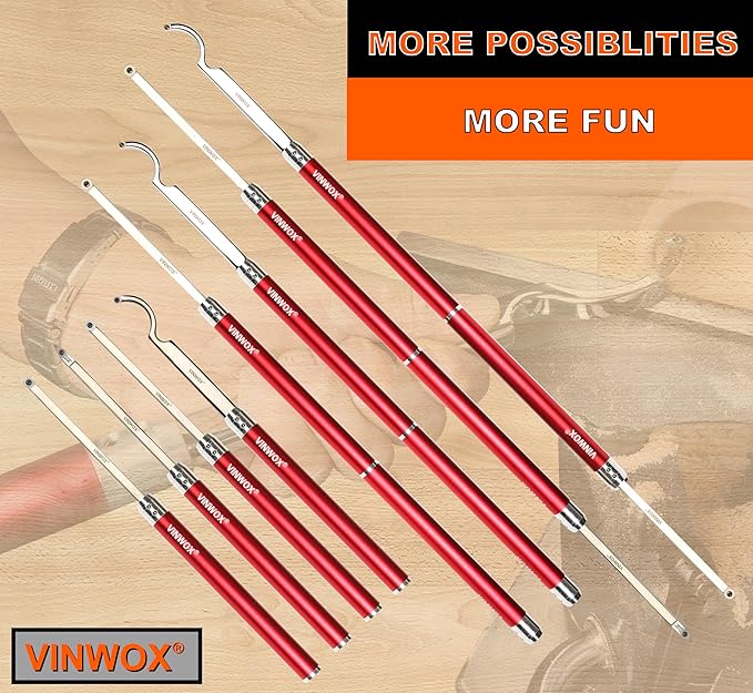 9 PCS Carbide Wood Lathe Turning Tool Set, Pen Turning tools, Including Swan Neck Hollower, Rougher, Finisher, Detailer, Aluminum Handles from 14" to 29", Fine Polished Stainless Steel Shank