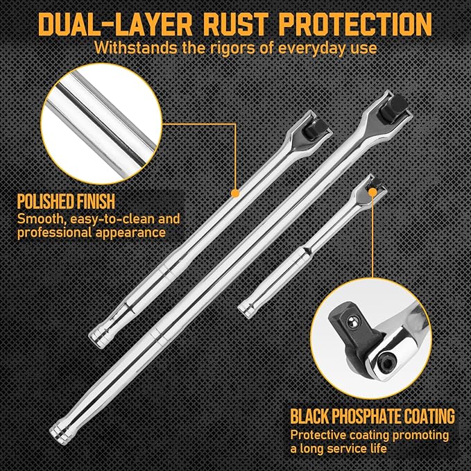 3PCS Breaker Bar Set, 3/8'', 1/4in, 1/2inch Breaker Bars with 180째Rotatable Head, Heavy Duty Breaker Bar Kit with 15 inch, 10 inch, 6 inch Length for Automobile and Motorcycle Maintenance and Repair