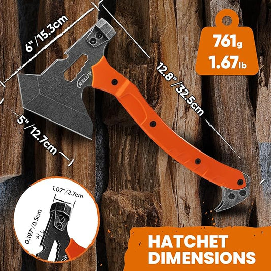 Tactical Axe with G10 Handle Camping Survival Hatchet, Multifunctional Outdoor Hiking Heavy Duty Full Tang Tomahawk Tools with Hammer, Unique Design Crowbar, Leather Sheath (Orange)