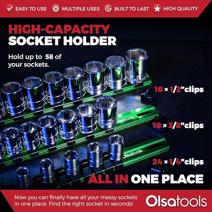 Olsa Tools Aluminum Socket Organizer, 3pc Set - Green Socket Holder Kit 1/2-Inch, 3/8-Inch, and 1/4-Inch Drive - Holds 58 Chrome or Impact Sockets - Professional Grade Socket Rails - Part: 1102
