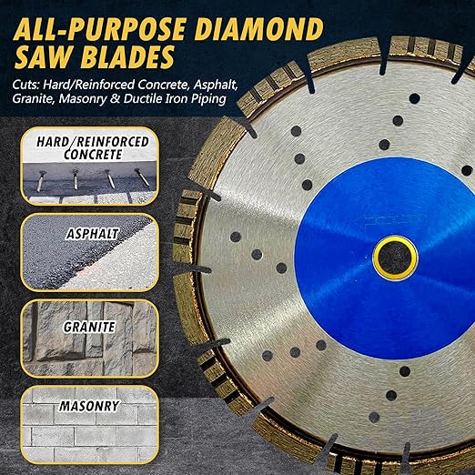 9" All Purpose Diamond Saw Blades for Hard/Reinforced Concrete, Asphalt, Granite, Terrazzo, Ductile Iron Piping, 2-5/8" Cutting Depth, 7/8"-5/8" Arbor