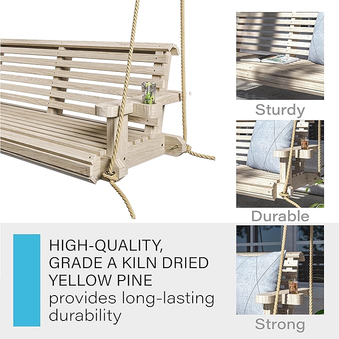 Porchgate Amish Heavy Duty 800 Lb Roll Comfort Treated Porch Swing W/Ropes (5 Foot, Unfinished)