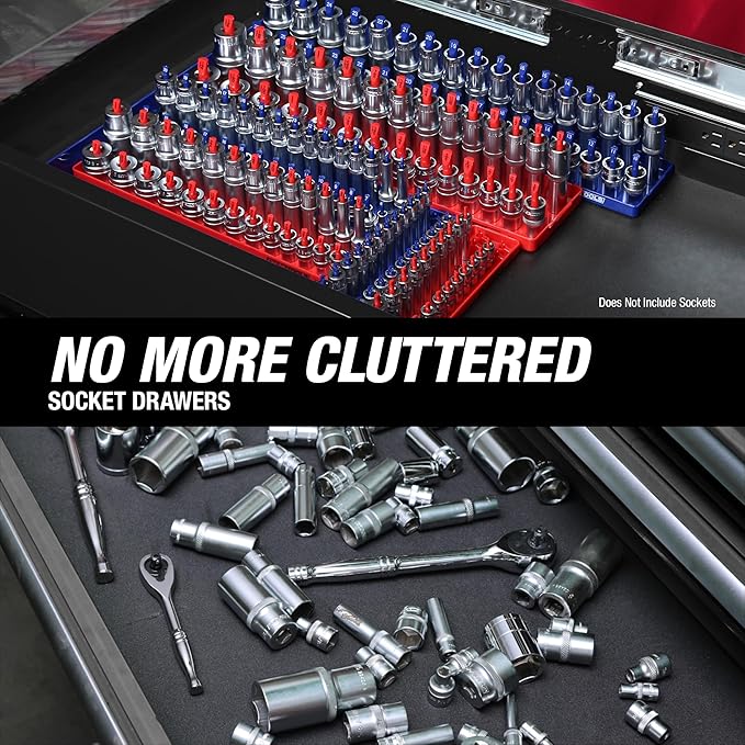 OEMTOOLS 22237 6 Piece SAE and Metric Socket Tray Set, SAE and Metric Socket Storage for Sizes 1/4", 3/8?? and 1/2" Drive, Socket Holders and Socket Organizer Tray for Toolbox, Red and Blue
