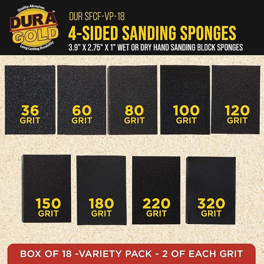 Dura-Gold 4-Sided Hand Sanding Block Sponge Variety Pack, Box of 18, Grits 36, 60, 80, 100, 120, 150, 180, 220, 320-3.9" x 2.75" x 1" Wet or Dry Flexible Sandpaper Pads Sand Wood Drywall Metal Paint