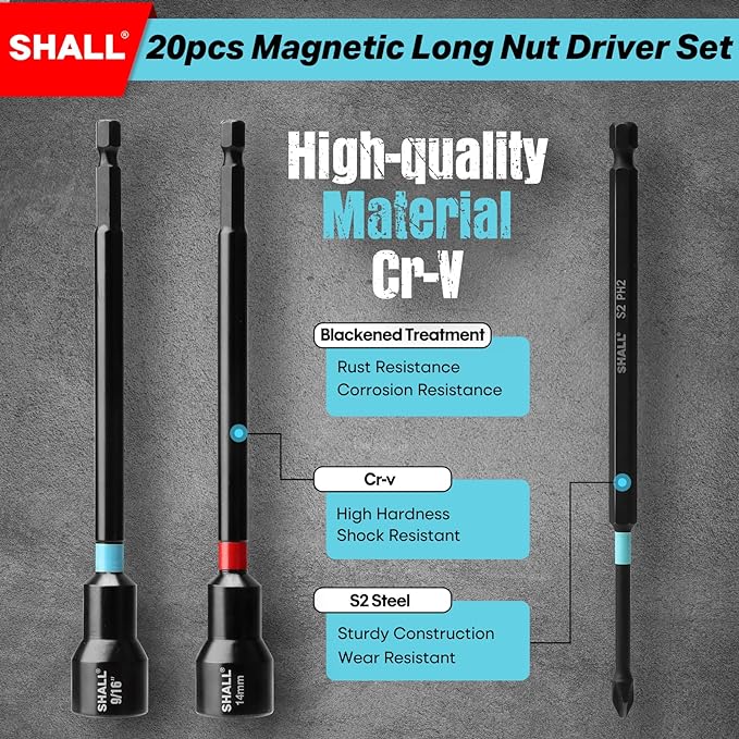 SHALL 20PCS Magnetic Nut Driver Set, 6??Long Nut Drivers for Impact Drill, SAE & Metric 1/4??Hex Shank Nut Driver Bit & Impact Drill Driver Bit w/Power Screwdriver Bits PH1/PH2/SQ2/T20, Storage Bag