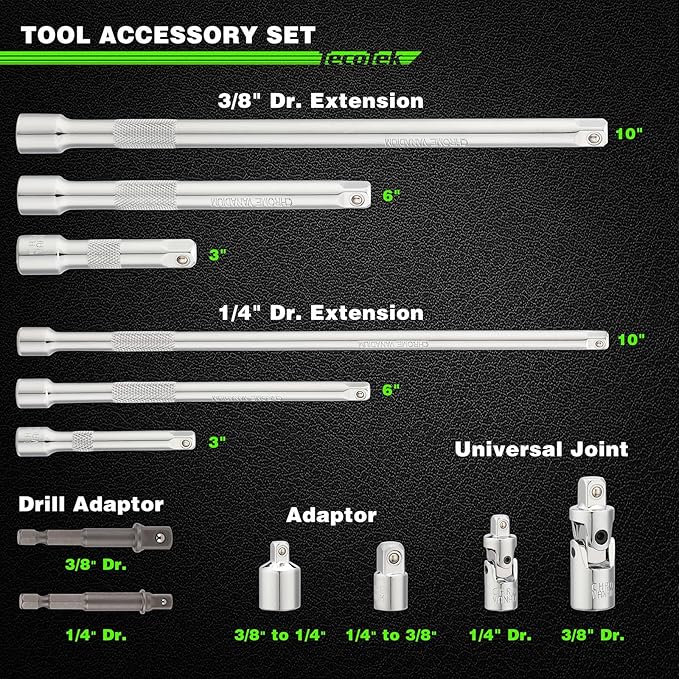 17-Pieces Drive Tool Accessory Set, Spark Plug Socket Set, Includes 1/4" & 3/8??Drive Extension Bar, Socket Adapter, Universal Joints, Spark Plug Sockets, Professional Socket Accessories, Cr-V