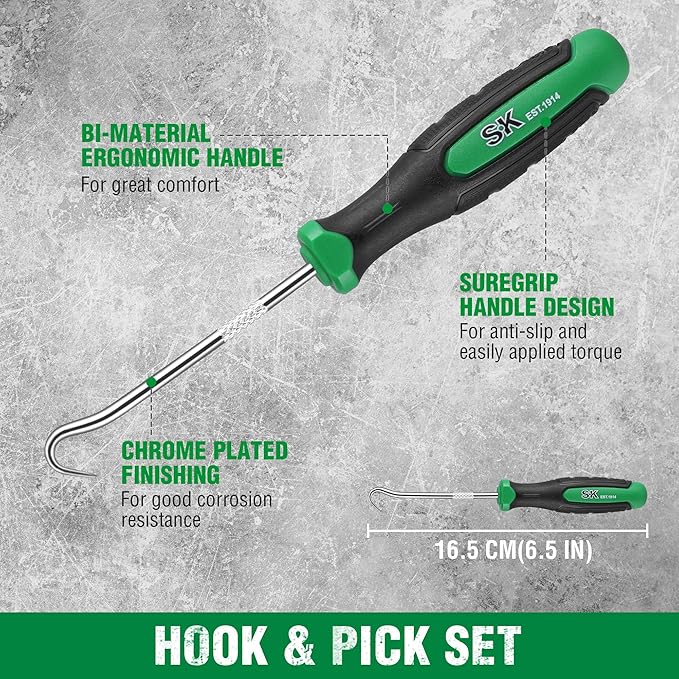 SK 4 Piece Hook and Pick Set, Straight Pick, Offset Pick, 90째Pick and Hook, Ideal for Auto and Electronics Maintenance Tools