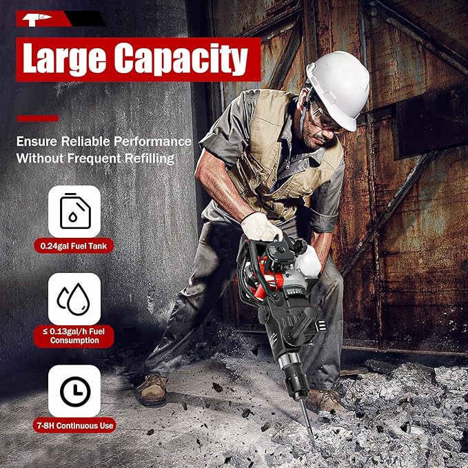 Gas Demolition Jack Hammer 33CC 2 Stroke Gasoline Concrete Breaker Punch Drill Breaker 4000BPM, Hammering Slotting Drilling Crushing 4 Functions, with 3 Drills & 2 Point Flat Chisels Set (33CC 1000W)