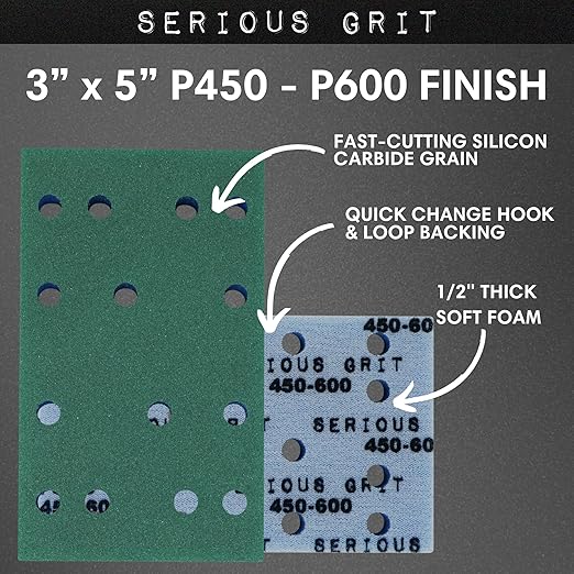 Serious Grit - 3" x 5" (80x133mm) Foam Sanding Pads - P450-600 Finish Grit - 1/2" Thick Low Density Foam Hook & Loop - Fits Festool RTS 400 & Mirka DEOS 3x5 Sanders - Made in USA - 10 Pack