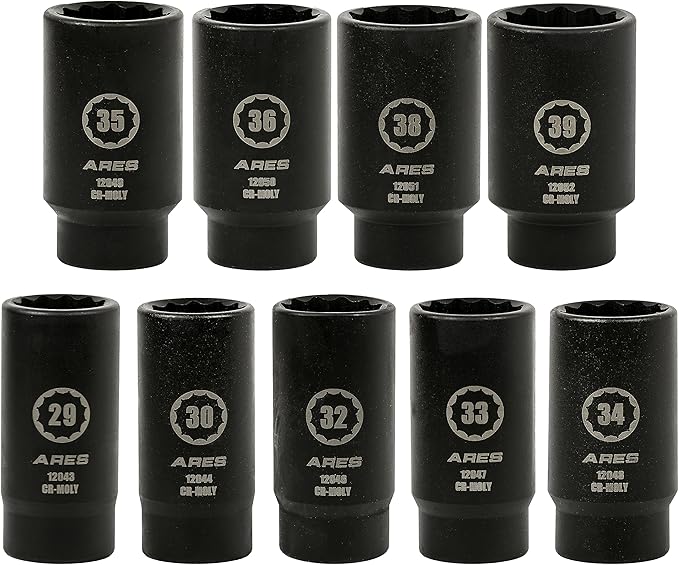 ARES 12066-9-Piece Axle Nut Socket Set - 29-39mm Axle Nut Sockets - 12 Point Sockets - Extra Deep 1/2-Inch Drive Impact Socket for Easy Removal of Axle Shaft Nuts