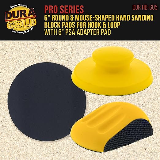 Dura-Gold Pro Series 6" Round & Mouse-Shaped Hand Sanding Block Pads for Hook & Loop and PSA 6" DA Sanding Discs - PSA Sandpaper Conversion Adapter Pad - Automotive Sand Polish Woodworking Furniture