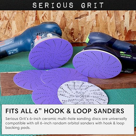 Serious Grit 6-Inch 60 Grit Ceramic Multi-Hole Hook & Loop Sanding Discs - Advanced Grain for Fast Cutting & Long Life - Film-Backed Universal Fit Sandpaper for 6-in Sanders - 25 Pack Box
