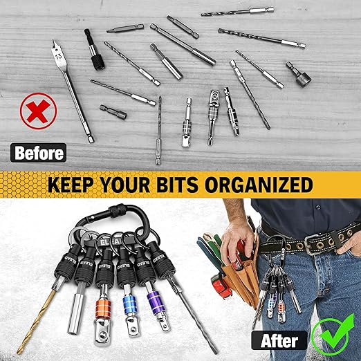 ELEAD 6-Piece Bit Holder Key Chain, 1/4 inch Black Hex Shank Bit Holders, Quick Release Design with Keychain Carabiner for Nut Driver, Screwdriver & Drill Bits, Tools Gifts for Men