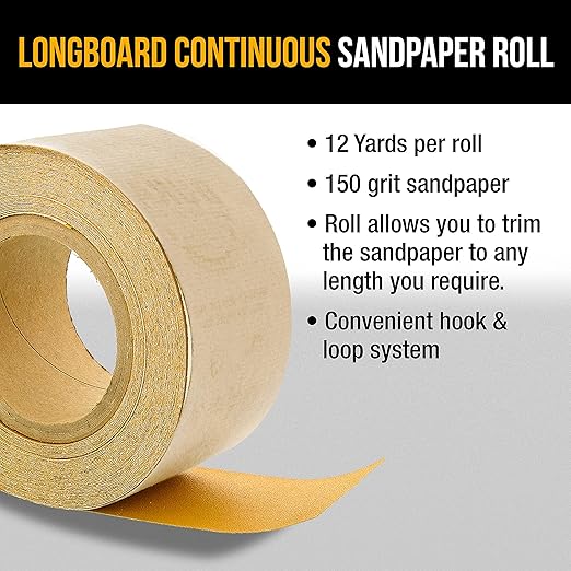 Dura-Gold Premium - 150 Grit Gold -Hook & Loop Backing Longboard Continuous Sandpaper Roll, 2-3/4" Wide, 12 Yards Long - For Automotive & Woodworking Air File Long Board Sanders, Hand Sanding Blocks