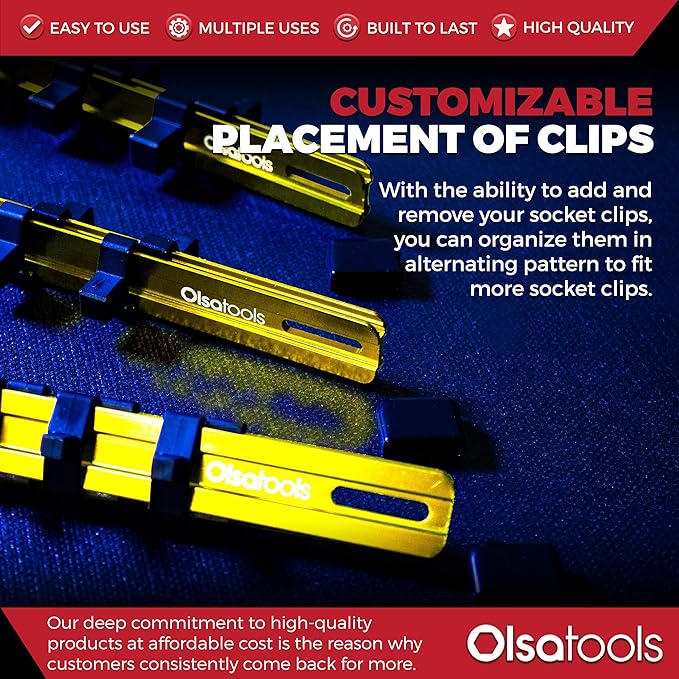 Olsa Tools Aluminum Socket Organizer, 3pc Set - Yellow Socket Holder Kit 1/2-Inch, 3/8-Inch, and 1/4-Inch Drive - Holds 58 Chrome or Impact Sockets - Professional Grade Socket Rails - Part: 1110