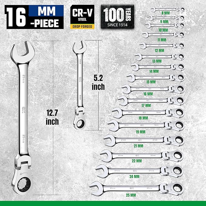 SK Flex-Head Ratcheting Wrench Set, Combination Wrench Set, 16-Piece, Metric 8 to 25mm, 72-Tooth, Premium CR-V Construction, with Rolling Pouch