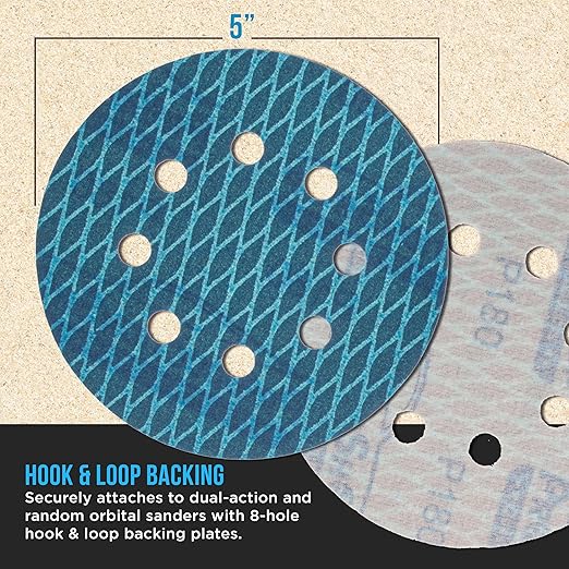 Premium 180 Grit 5" Rhombus Diamond Shape Blue Sanding Discs, 8-Hole, Box of 50 - Hook & Loop Anti-Clogging J-Cloth Dustless Sandpaper for Random Orbital Sanders, Sand Auto Paint, Wood