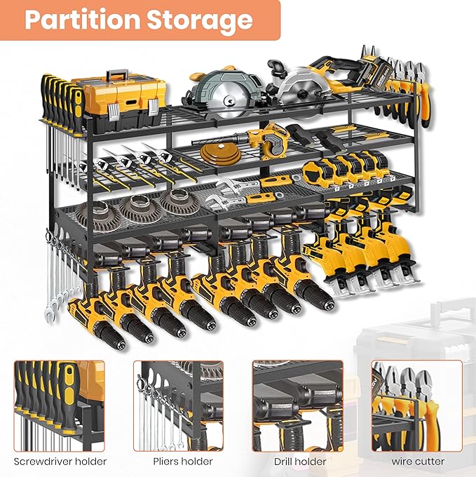 SINTIKI 49'' Large Power Tool Organizer Wall Mount, 4 Layer Tool Storage Rack Loads 600 LBS, Utility Racks for Garage Organization, Gift for Men