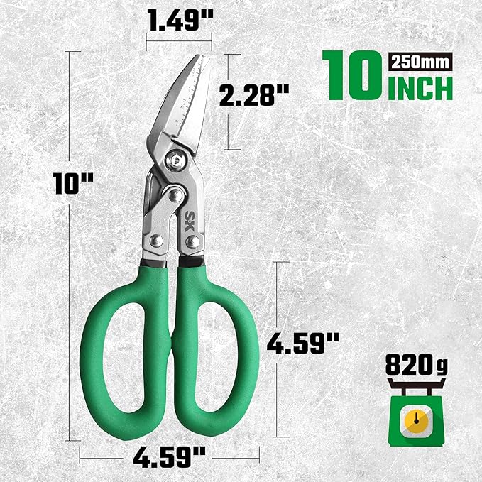 SK 10" Bent Compound Action Tin Snips, Metal Shears with Drop Forged Blades, Heavy Duty Metal Cutter Scissors, Ergonomic Handle for Comfortable Grip
