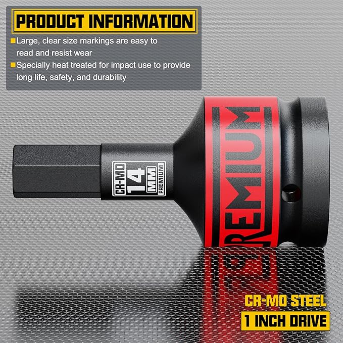 1" Drive H14 Impact Hex Bit Socket, 14 mm Allen Bit Socket, Metric, Cr-Mo Steel, Truck Repair and Equipment Maintenance