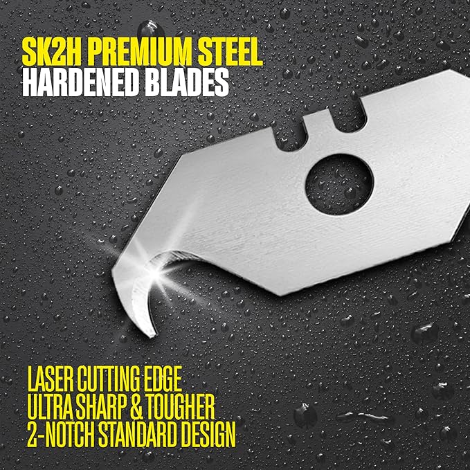 Utility Hook Razor Blades 50 PCS With Dispenser, SK2H Laser Sharpened Hardened, Ultra 3X Sharper and 5X Durable, Heavy Duty Replacement Blades for Carpet, Roofing Blade Knife, Box Cutter