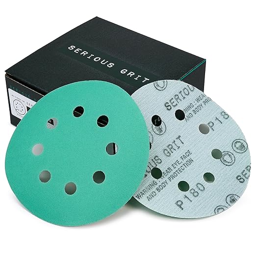 Serious Grit Sanding Discs 5 Inch 8 Hole 180 Grit - Heavy-Duty Hook & Loop Wet Dry Film Sandpaper Discs - Very Fine Sand Paper for Random Orbital Sanders - Wood, Automotive, Metal, etc - 50 Pack Box