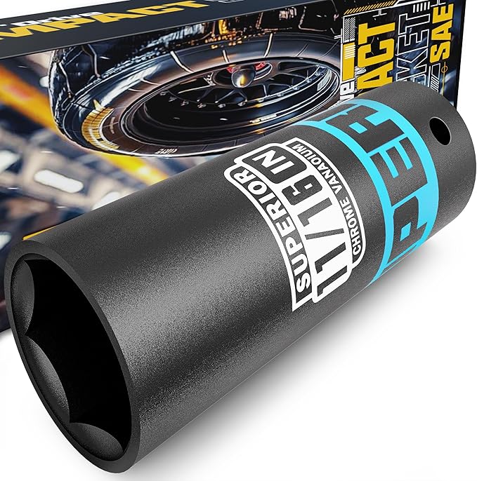 1/2" Drive Impact Socket, 11/16 inch Deep Socket, SAE, 6 Point, CR-V, for Car Repair, Loosen the Fastening Nut