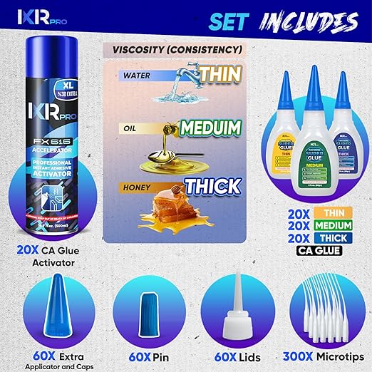 CA Glue with Activator Kit (60x1.75 oz. Thin-Medium-Thick + 20x16.9 fl.oz.) Cyanoacrylate Glue and Activator, Super Glue Accelerator, Super Glue for Wood, Woodworking, Plastic, Guitar, 3D Printing