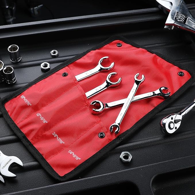 WORKPRO 4-Piece Flare Nut Wrench Set, SAE Brake Line Wrenches, 1/4", 5/16", 3/8", 7/16", 1/2", 9/16", 5/8", 11/16", Cr-V Steel, 15째 Offset Head Tubing Wrench, Organizer Pouch Included
