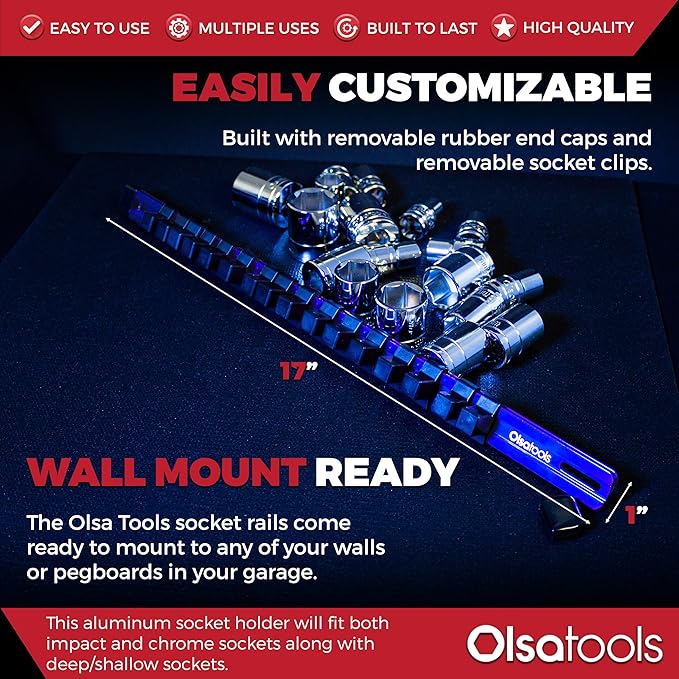 Olsa Tools Socket Organizer - 1/2-Inch Drive Socket Holder Rail - Blue Aluminum Socket Rail, Stores 16 Impact or Chrome Sockets - Professional Grade Metric or SAE Socket Organizer - Part: 1015