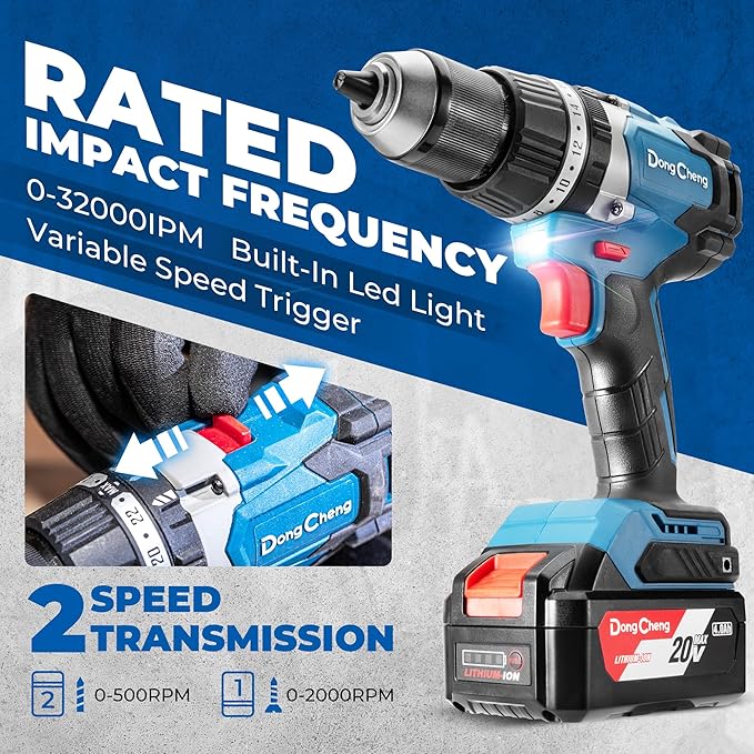 Dong Cheng 20V Brushless Hammer Drill Bare Tool, 1062 in-lbs, 1/2" Keyless Metal Chuck, 24+1+1 Clutch, Cordless Hammer Drill with 4.0Ah Battery Kit for Drilling Brick Wall, Metal, Wood (Bare Tool)