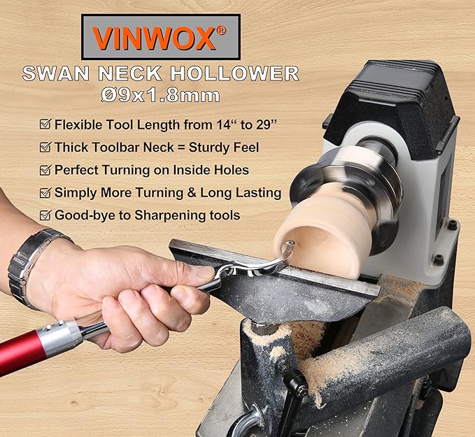 9 PCS Carbide Wood Lathe Turning Tool Set, Pen Turning tools, Including Swan Neck Hollower, Rougher, Finisher, Detailer, Aluminum Handles from 14" to 29", Fine Polished Stainless Steel Shank