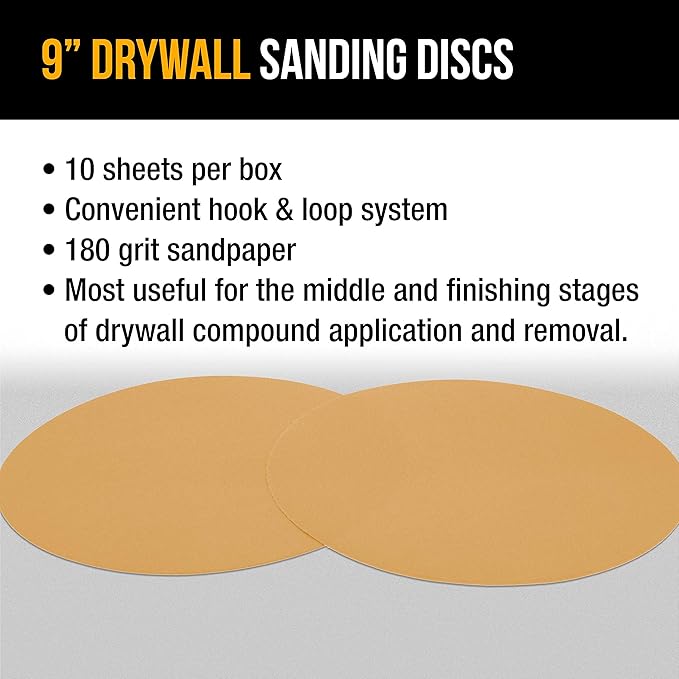 Dura-Gold Premium 9" Drywall Sanding Discs - 180 Grit (Box of 10) - High-Performance Sandpaper Discs with Hook & Loop Backing, Fast Cutting Aluminum Oxide Abrasive - for Drywall Power Sander, Wood