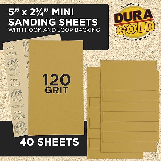 Dura-Gold Premium 5" x 2.75" Gold Sandpaper Sheets, 120 Grit (Box of 40) - Hook & Loop Backing, Wood Furniture Woodworking, Auto Paint - for Palm Sanders, Clip-On, Hand Sanding Blocks