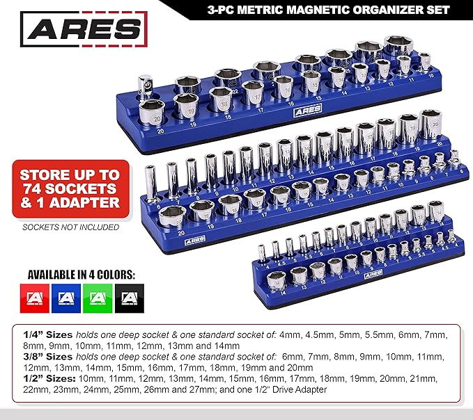 ARES 60036-3-Piece Blue Metric Magnetic Socket Organizer Set - Includes 1/4-Inch, 3/8-Inch, and 1/2-Inch Socket Holders - Holds Standard Size and Deep Size Sockets - Keeps Your Tool Box Organized