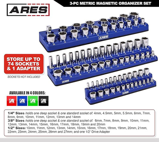 ARES 60036-3-Piece Blue Metric Magnetic Socket Organizer Set - Includes 1/4-Inch, 3/8-Inch, and 1/2-Inch Socket Holders - Holds Standard Size and Deep Size Sockets - Keeps Your Tool Box Organized