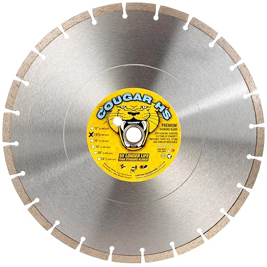 Cougar HS 14 Inch Diamond Concrete Saw Blade, Premium General Purpose Segmented Blade, Dry/Wet Cutting Concrete, Masonry, Brick, & Block 1"-20mm Arbor