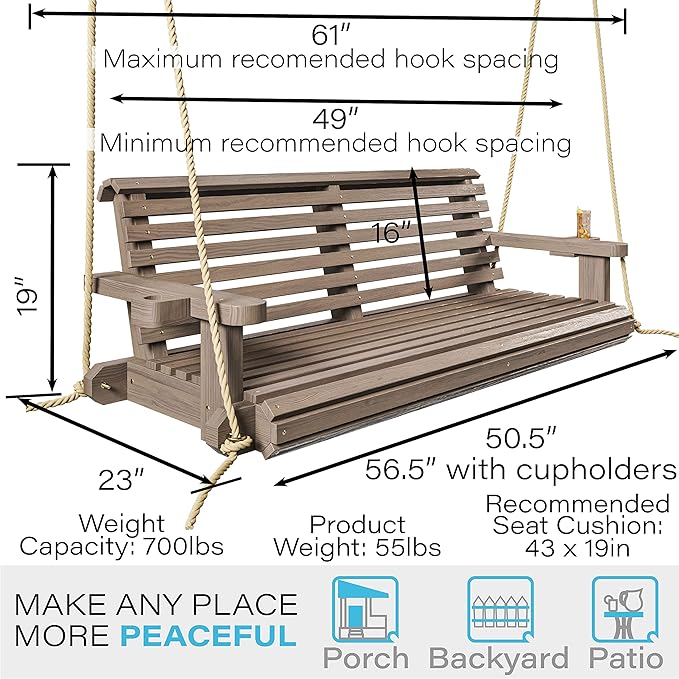 Porchgate Amish Heavy Duty 800 Lb Roll Comfort Treated Porch Swing W/Ropes (4 Foot, Warm Walnut Stain)