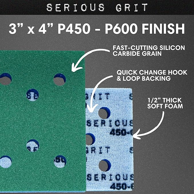 Serious Grit - 3" x 4" Foam Abrasive 450-600 Finish Sanding Pads - Fits Surfprep, Uneeda Ekasand, & Mirka - 1/2" Thick Soft Foam Hook & Loop Sandpaper Pads for 3x4 Sanders - Made in USA - 10 Per Box