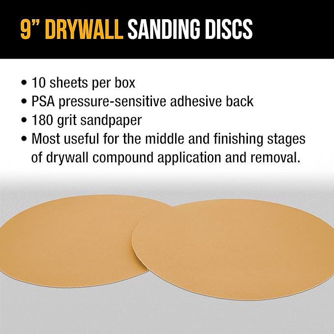Dura-Gold Premium 9" Drywall Sanding Discs - 180 Grit (Box of 10) - Sandpaper Discs with PSA Self Adhesive Stickyback, High-Performance Fast Cutting Aluminum Oxide Abrasive - for Drywall Power Sander