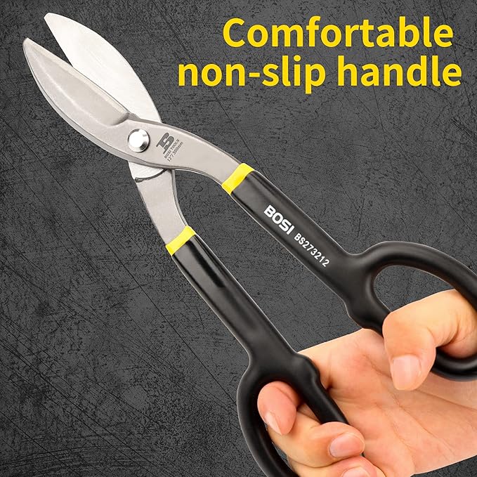 Tin Snips 12 Inch Flat Blade Metal Cutters Straight Shears Heavy Duty Drop Forged Carbon Steel Blade with Comfortable Rubber Dipped Handle for Cutting Sheet Metal