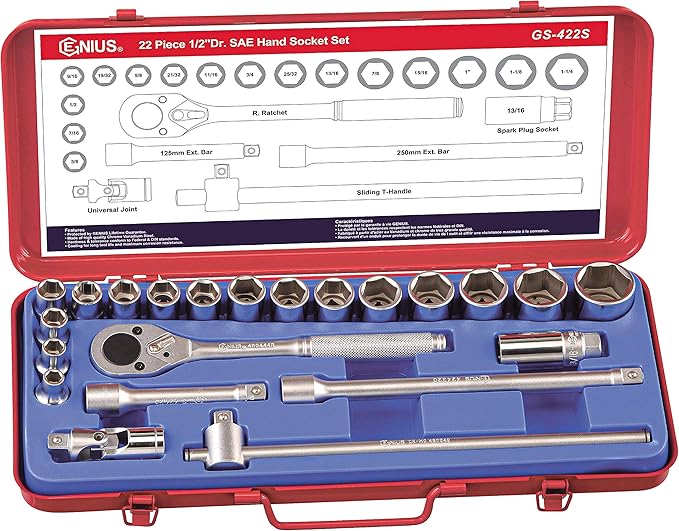 Genius Tools 22 Piece 1/2" Dr. SAE Hand Socket Set GS-422S