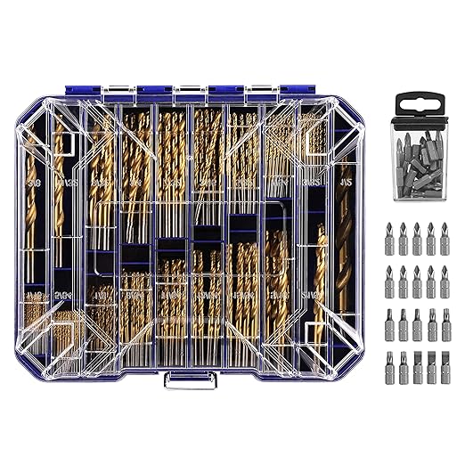 276pc Titanium Twist Drill Bit Set with S2 Bits 135째 Tip High Speed Steel, Size from 1/16" up to 1/2", Ideal in Wood Cast Iron Aluminum Alloy Plastic Fiberglass, Clear Lid Case