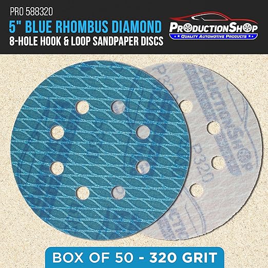 Premium 320 Grit 5" Rhombus Diamond Shape Blue Sanding Discs, 8-Hole, Box of 50 - Hook & Loop Anti-Clogging J-Cloth Dustless Sandpaper for Random Orbital Sanders, Sand Auto Paint, Wood