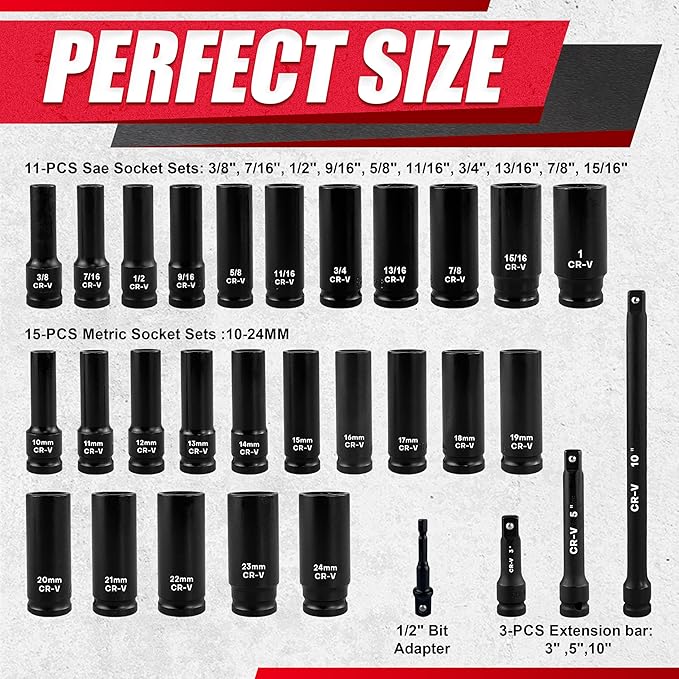 1/2" Drive Impact Socket Set, SAE and Metric, Cr-V Steel, 6 Point Deep & Shallow Sockets (30pcs 1/2" Socket Set)