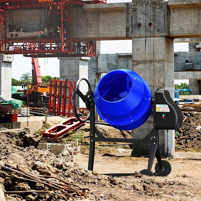 4.3 Cubic Ft Electric Concrete Mixer, 3/5HP, 450W Portable Concrete Mixer Machine with Stand And Wheels for Stucco, Mortar, Seeds (Blue)