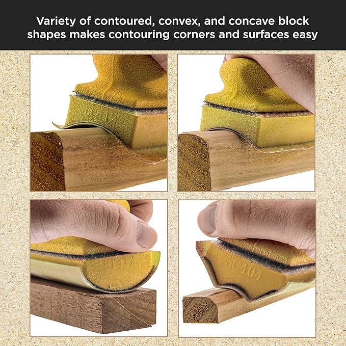 Dura-Gold 12-Piece Contoured Profile 4" Hand Sanding Block Set with 40 Sheet Hook & Loop Sandpaper Kit - Interchangeable Assorted Convex & Concave Shapes - Sand Wood Woodworking Furniture, Auto Paint