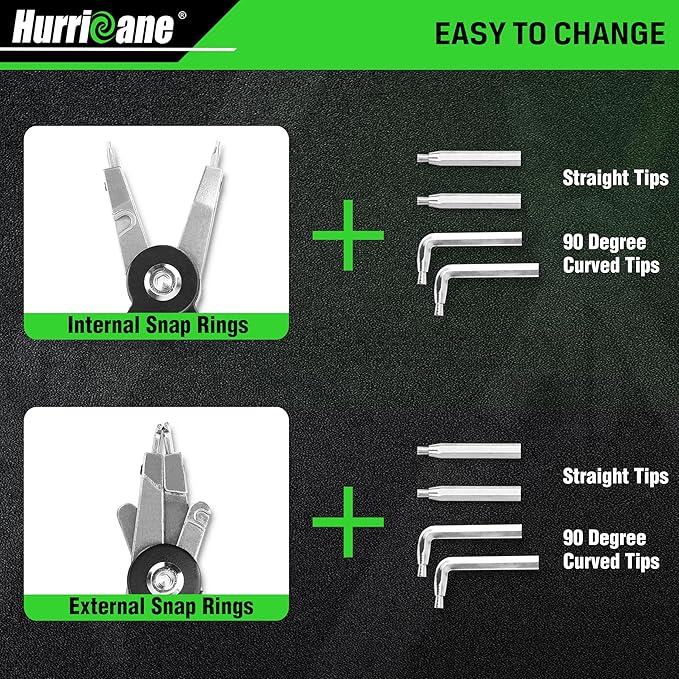HURRICANE 8" Quick Turn Snap Ring Pliers with Interchangeable Tips, Straight and 90째 Curved Tips, HRC40-45 Hardness, Includes 4 Pairs of Tips for Precision Work, Ideal for Car Repair & Construction