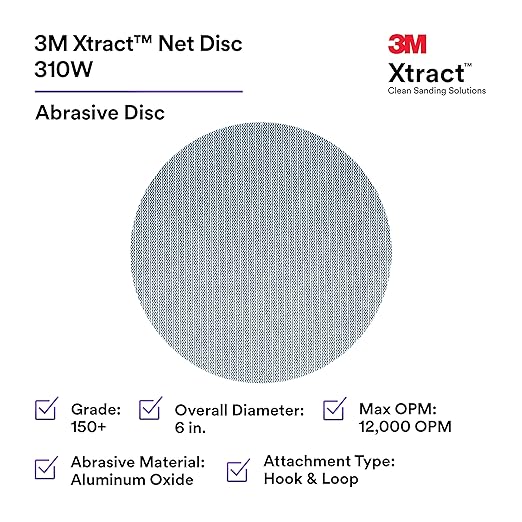 3M Xtract Net Disc 310W, 150+, 6 in, Die 600Z, Pack of 50 Hook and Loop Sanding Discs, Virtually Dust-Free, Value Option for Metal, Wood, Composites, Stock Removal, and Fine Finishing